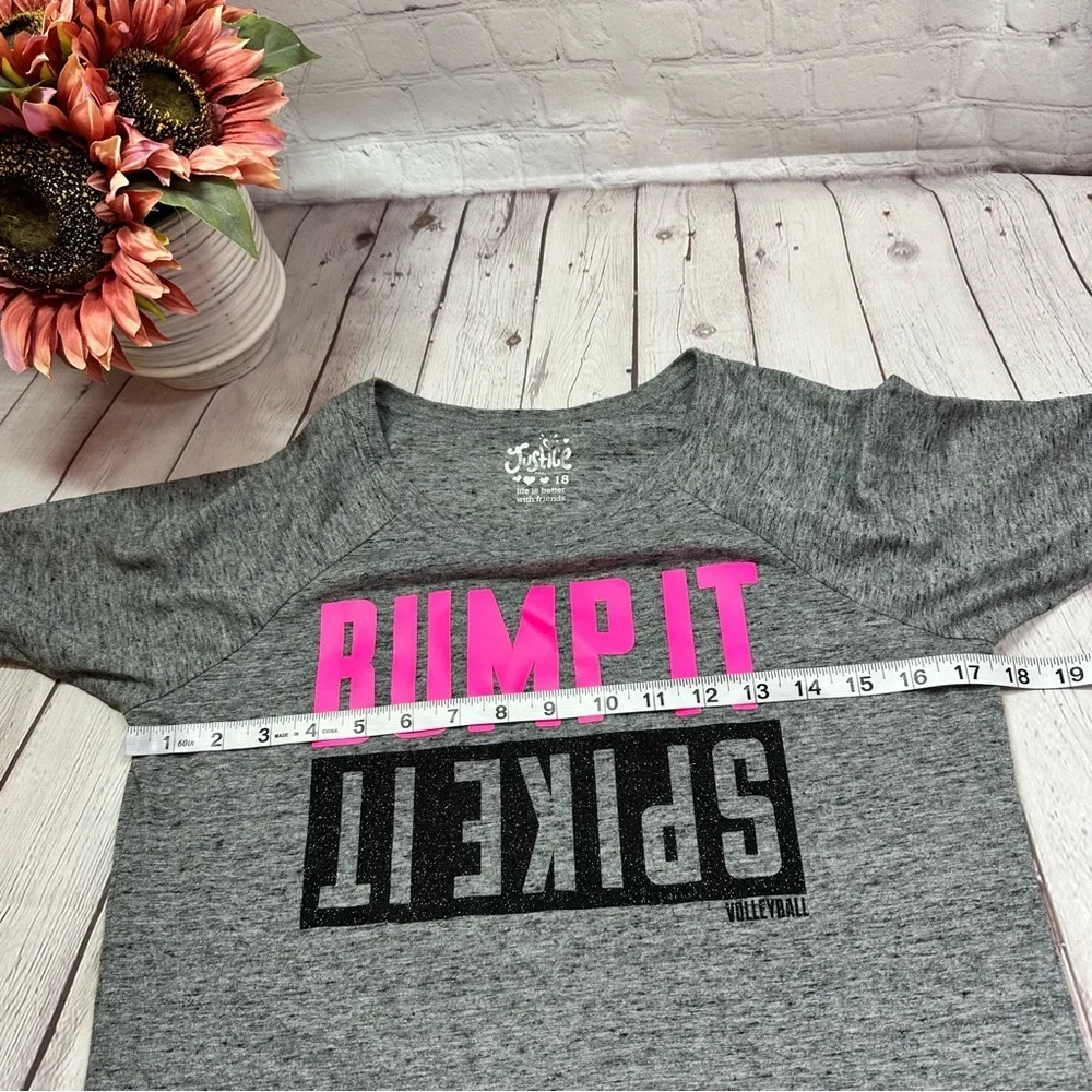Justice Gray Tee Pink volleyball Graphic girls youth 18 neon sparkle bump spike